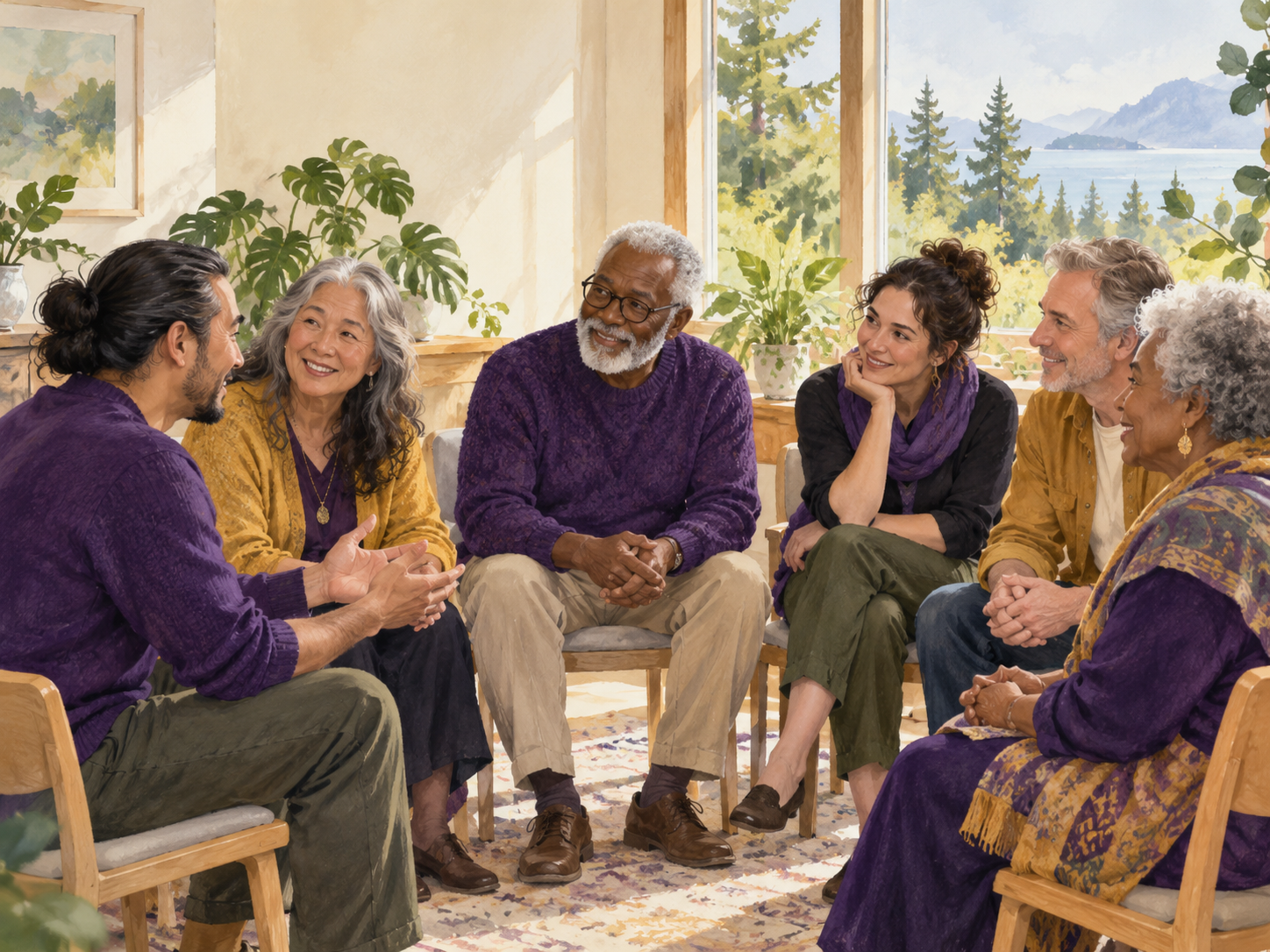 Illustration of a welcoming, multigenerational community conversation